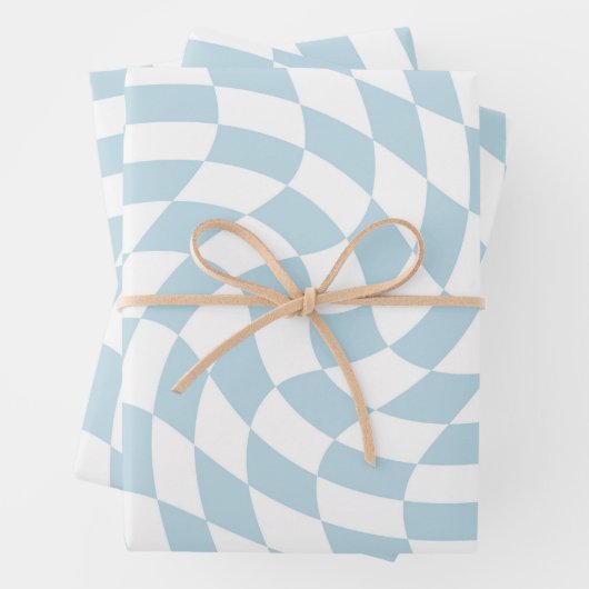 Stilvolle Retro Blue Pastel Warped Checkerboard Geschenkpapier Set (Beispiel)