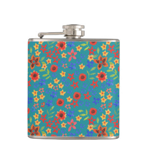Stilvolle Retro-Blumen-Miniprint auf einer teal Hi Flachmann
