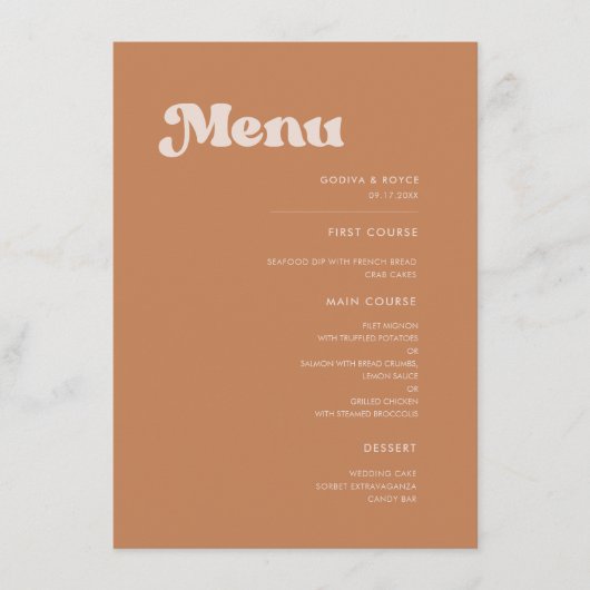 Stilvolle Retro-Braun-Zucker-Hochzeit Menükarte (Vorderseite)