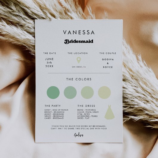 Stilvolle Retro Bridesmaid Info-Karte Einladung