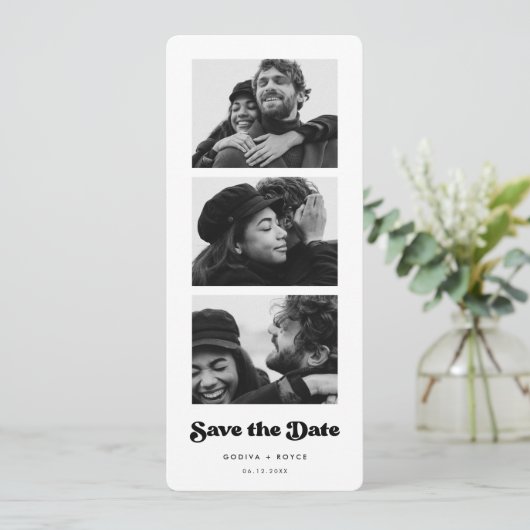 Stilvolle Retro-Foto-Streifen Save the Date Ankündigung (Stehend Vorderseite)