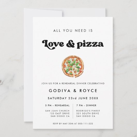 Stilvolle Retro-Liebe und Pizza Wedding Probe Einladung (Vorderseite)