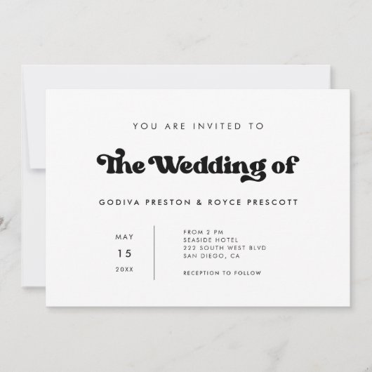 Stilvolle Retro-Minimalistische Hochzeit in Schwar Einladung (Vorderseite)