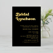 Stilvolle Retro schwarz & gold Bridal Mittagessen Folieneinladung (Stehend vorne)