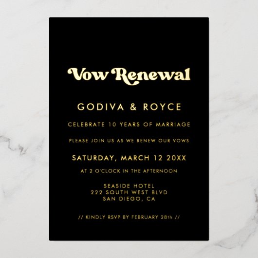 Stilvolle Retro-Schwarz & Gold Verlängerung Folieneinladung (Vorderseite)