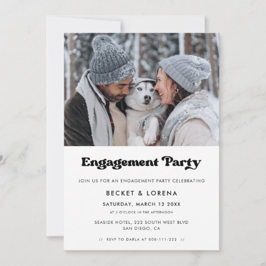 Stilvolle Retroparty mit Schwarzweiß-Engagement Einladung (Vorderseite)