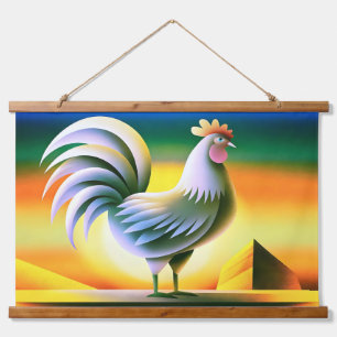 Stilvolle Rooster gegen lebendigen Sonnenuntergang Wandteppich Mit Holzrahmen