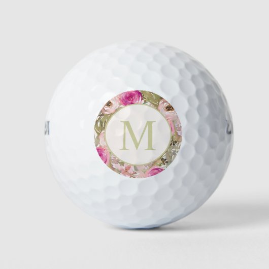 Stilvolle Rosa Blume Grüne Blätter Monogram Women Golfball (Vorderseite)