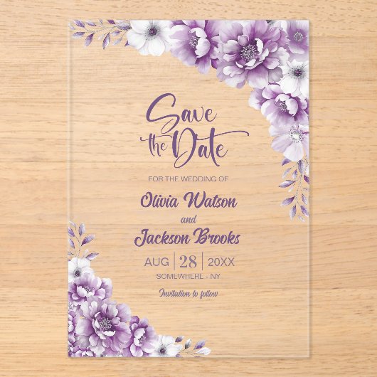 Stilvolle rosa Blumenhochzeit retten das Datum Acryleinladungen (Vorderseite)