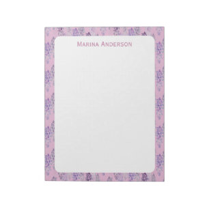 Stilvolle rosa Blumenrand personalisierter Name Notizblock