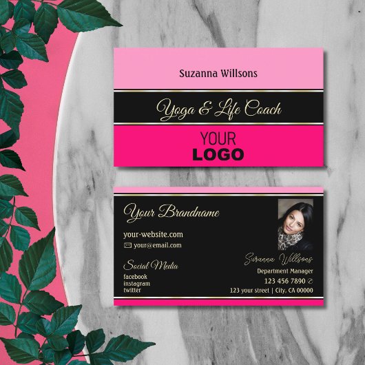 Stilvolle rosa Borders on Black mit Logo und Foto Visitenkarte