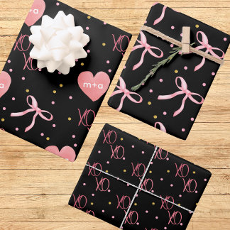 Stilvolle rosa Bows Herz & XOs auf schwarzem Hinte Geschenkpapier Set