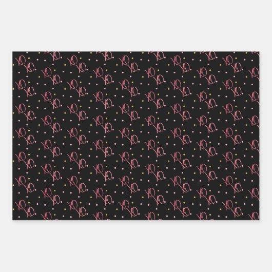 Stilvolle rosa Bows Herz & XOs auf schwarzem Hinte Geschenkpapier Set (Vorderseite 3)