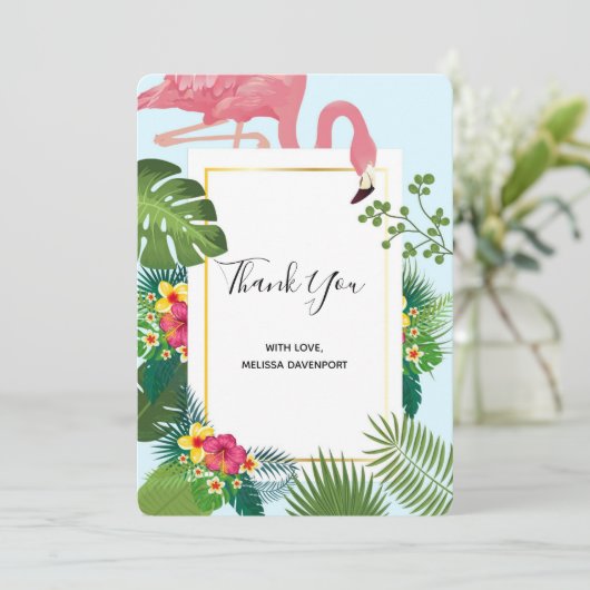 Stilvolle rosa Flamingo- und tropische Blätter Dankeskarte (Stehend Vorderseite)