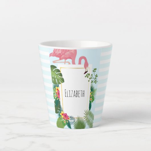 Stilvolle rosa Flamingo- und tropische Blätter Milchtasse (Vorderseite)