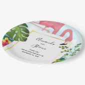 Stilvolle rosa Flamingo- und tropische Blätter Pappteller (Schrägansicht)