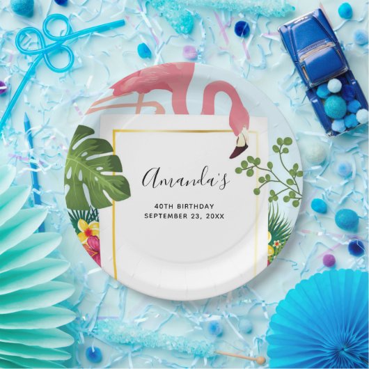 Stilvolle Rosa Flamingo und tropische Blätter zum  Pappteller (Party)