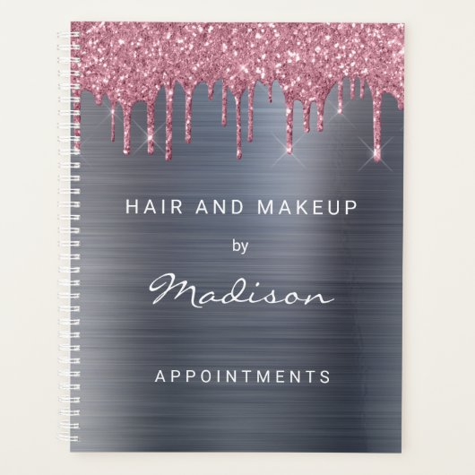 Stilvolle Rosa Glitter Drip Silver Ernennung Planer (Vorderseite)