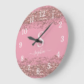 Stilvolle Rosa Glitzer Monogram Script Name Große Wanduhr (Winkel)