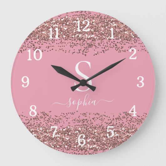Stilvolle Rosa Glitzer Monogram Script Name Große Wanduhr (Vorderseite)