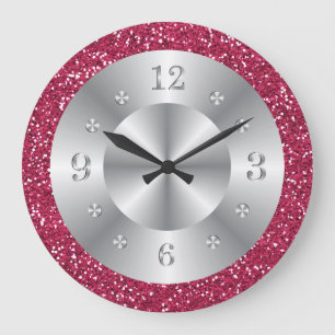 Stilvolle Rosa Glitzer Silber Zahlen Große Uhr