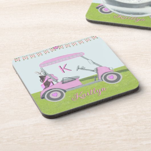 Stilvolle Rosa Golf Cart Monogram Name Getränkeuntersetzer (Linke Seite)