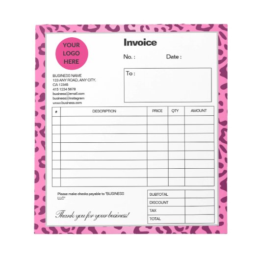 Stilvolle rosa Leopard-Druckrechnung Notizblock (Vorderseite)