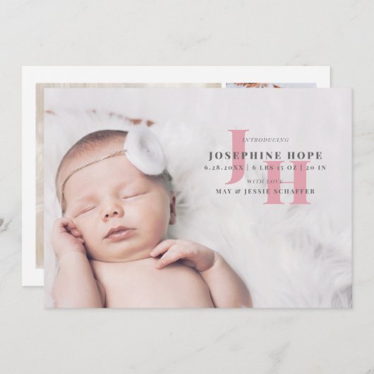 Stilvolle Rosa Monogram Baby Foto Birth Ankündigung (Vorne/Hinten)