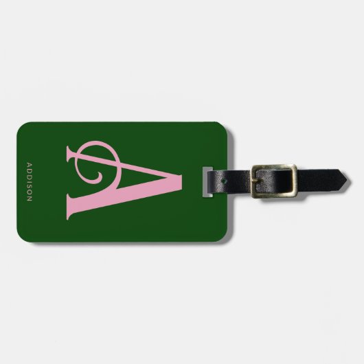 Stilvolle rosa Monogram Initial auf dunkelgrün Gepäckanhänger (Vorderseite horizontal)