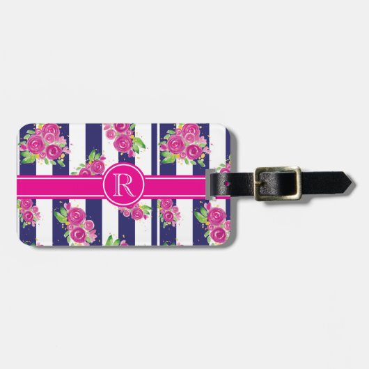 Stilvolle rosa Navy Stripte Floral Chic Monogram Gepäckanhänger (Vorderseite horizontal)