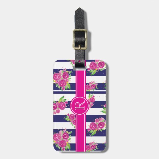 Stilvolle rosa Navy Stripte Floral Chic Monogram Gepäckanhänger (Vorderseite vertikal)