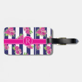 Stilvolle rosa Navy Stripte Floral Chic Monogram Gepäckanhänger (Rückseite horizontal)