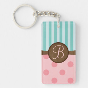 Stilvolle rosa Punkte teal Streifen Monogramm Schlüsselanhänger