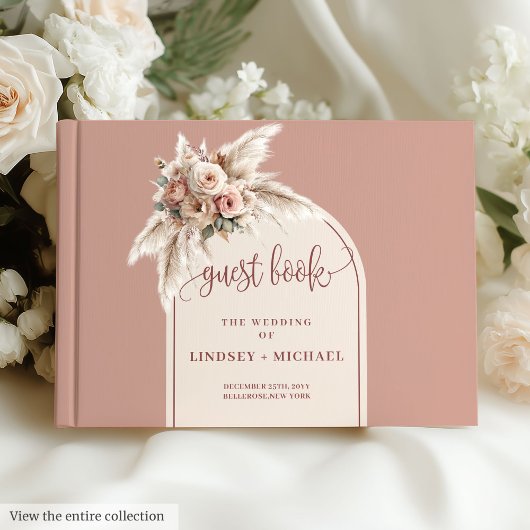 Stilvolle Rosa Rose Pampas Arch Floral Wedding Gästebuch