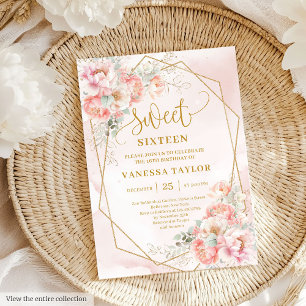 Stilvolle Rosa Sage Gold Floral Sweet 16 Einladung