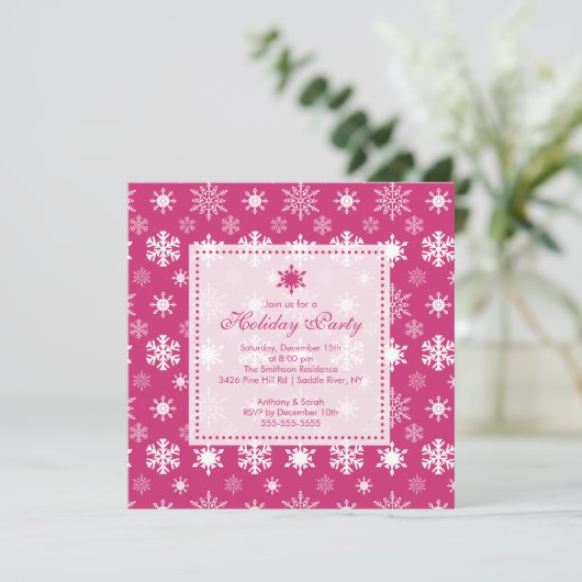Stilvolle Rosa Schneeflocken Einladung zur Feier (Stehend Vorderseite)