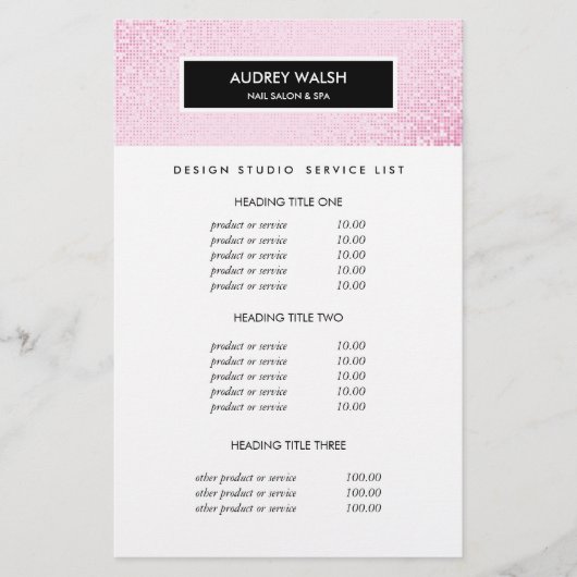 Stilvolle Rosa Sequin Salon Pricing & Services Flyer (Vorne)