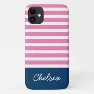 Stilvolle rosa Streifen Blauer Name Case-Mate iPhone Hülle