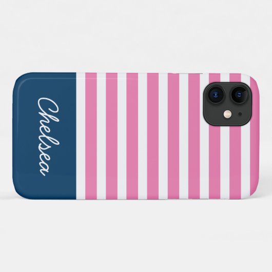 Stilvolle rosa Streifen Blauer Name Case-Mate iPhone Hülle (Rückseite (Horizontal))