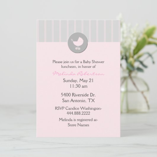 Stilvolle Rosa und Gray Baby Dusche Einladung (Stehend Vorderseite)