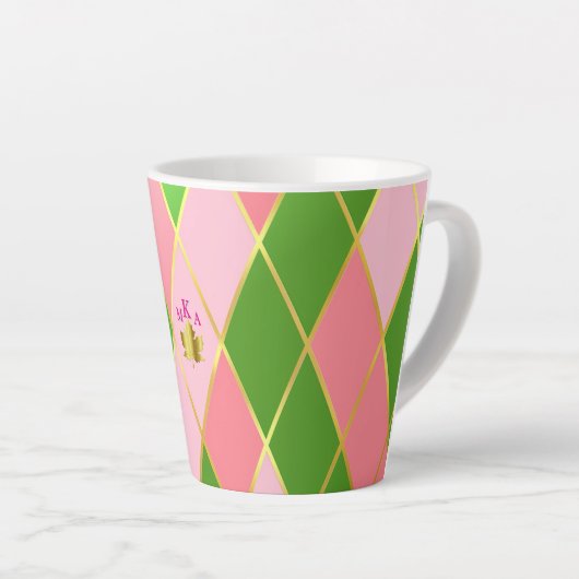 Stilvolle Rosa und Grüne Raute Mit Monogramm Milchtasse (Rechte Ecke)