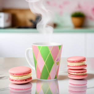 Stilvolle Rosa und Grüne Raute Mit Monogramm Milchtasse