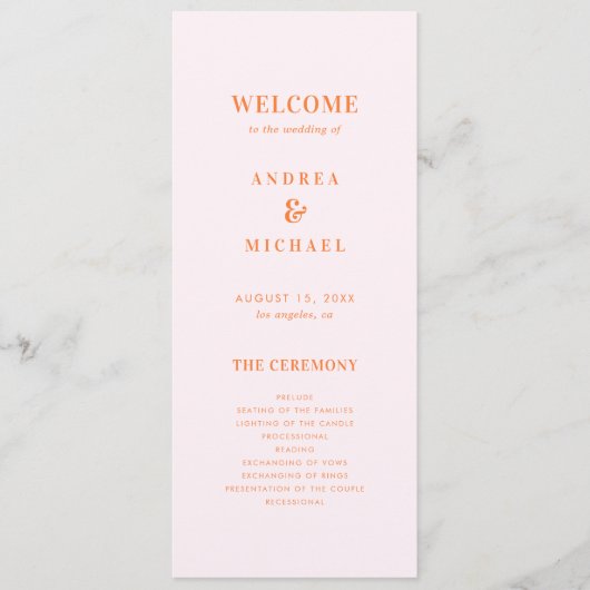 Stilvolle Rosa und orange Typografie Hochzeit Programm (Vorderseite)