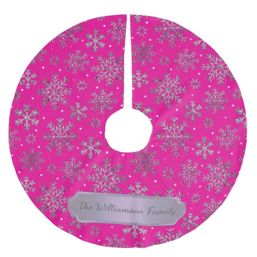 Stilvolle Rosa Weihnachten mit eleganten Schneeflo Polyester Weihnachtsbaumdecke (Vorderseite)