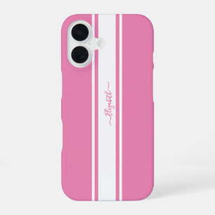 Stilvolle rosa weiße Rennstreifen mit Monogramm Ch iPhone 16 Hülle