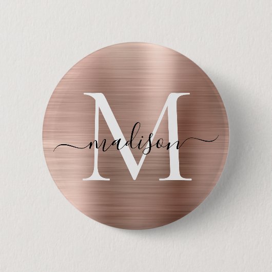 Stilvolle Rose Gold Brushed Metal Monogram Script Button (Vorderseite)