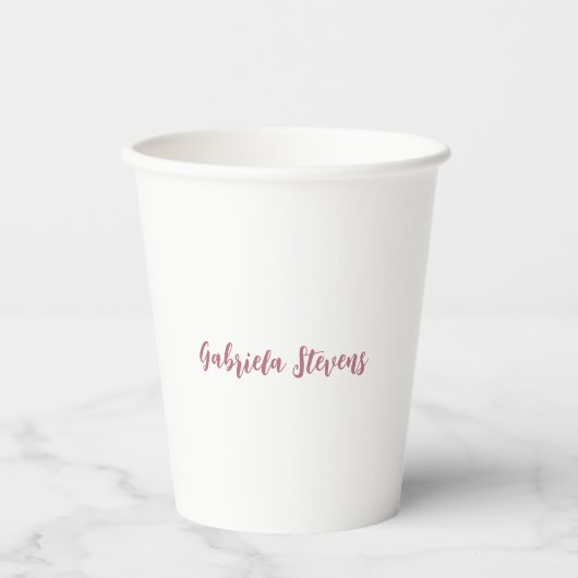 Stilvolle Rose Gold Calligrafy Name White Pappbecher (Vorderseite)