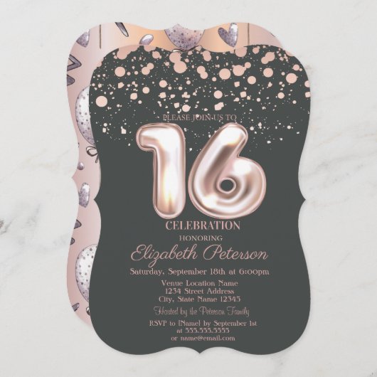 Stilvolle Rose Gold Dot, Balloons Sweet 16 Einladung (Vorne/Hinten)