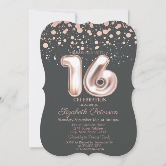 Stilvolle Rose Gold Dot, Balloons Sweet 16 Einladung (Vorderseite)