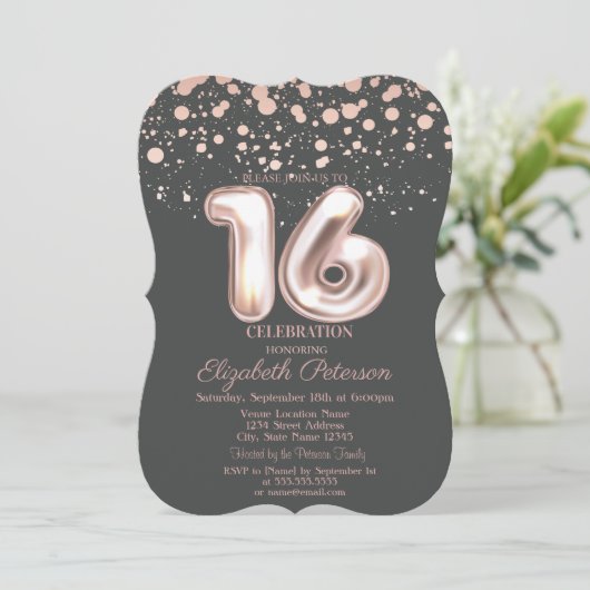 Stilvolle Rose Gold Dot, Balloons Sweet 16 Einladung (Stehend Vorderseite)